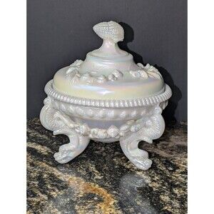 Westmoreland Art Glass Sea Shell Candy Dish With Dolphin Feet In Milk Glass